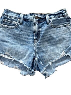 Aerie Women’s Distressed Denim Shorts XS Blue Raw Hem Elastic Waist 2.5” Inseam